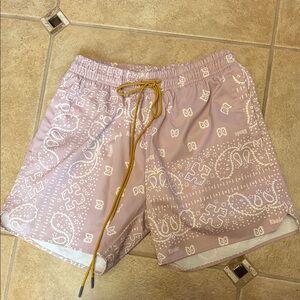 Rhude Men's Mauve Bandana Print Athletic Shorts with Mustard Drawcord